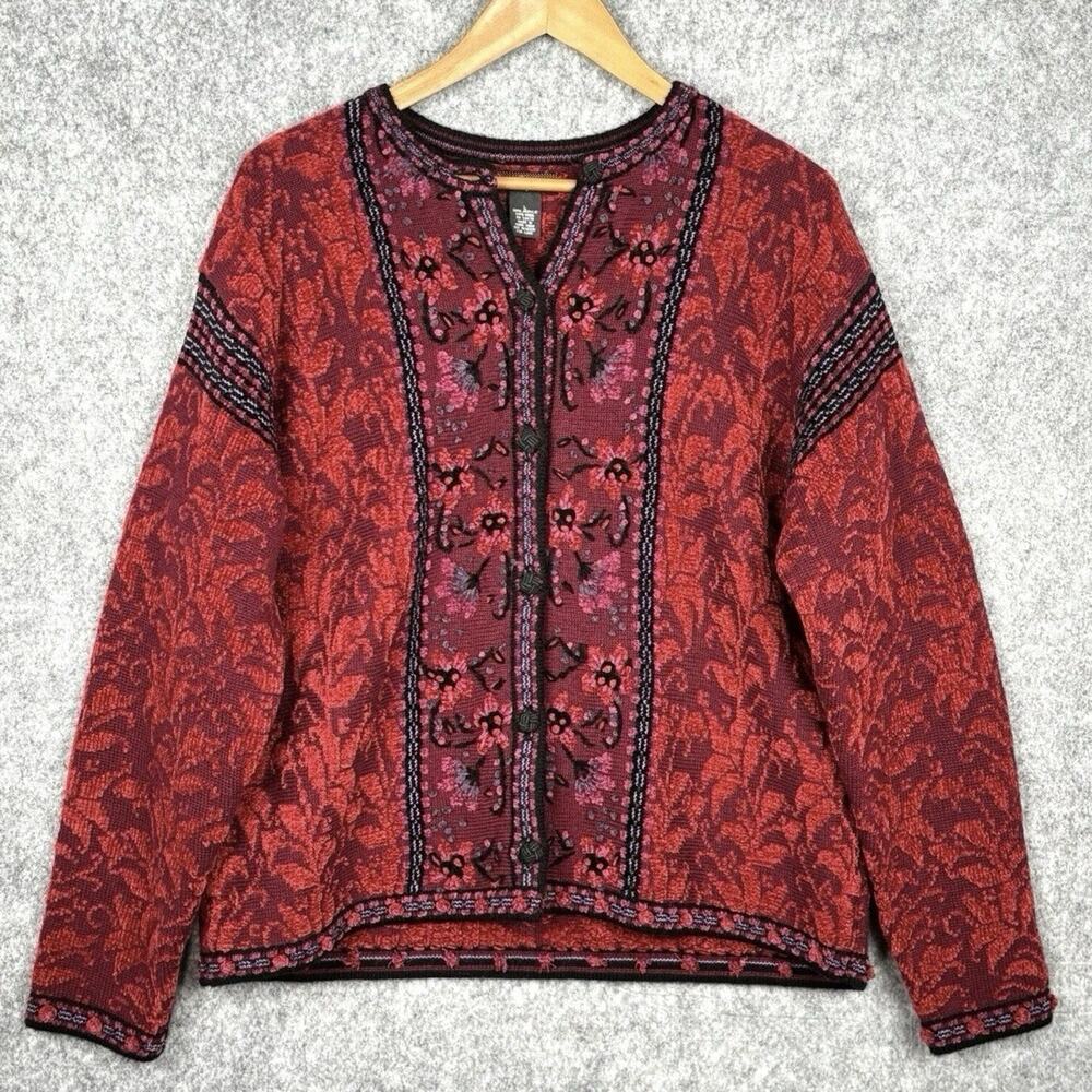 Vintage Skyr Womens Embroidered Cardigan Sweater Plum Size L Floral‎ Cottagecore